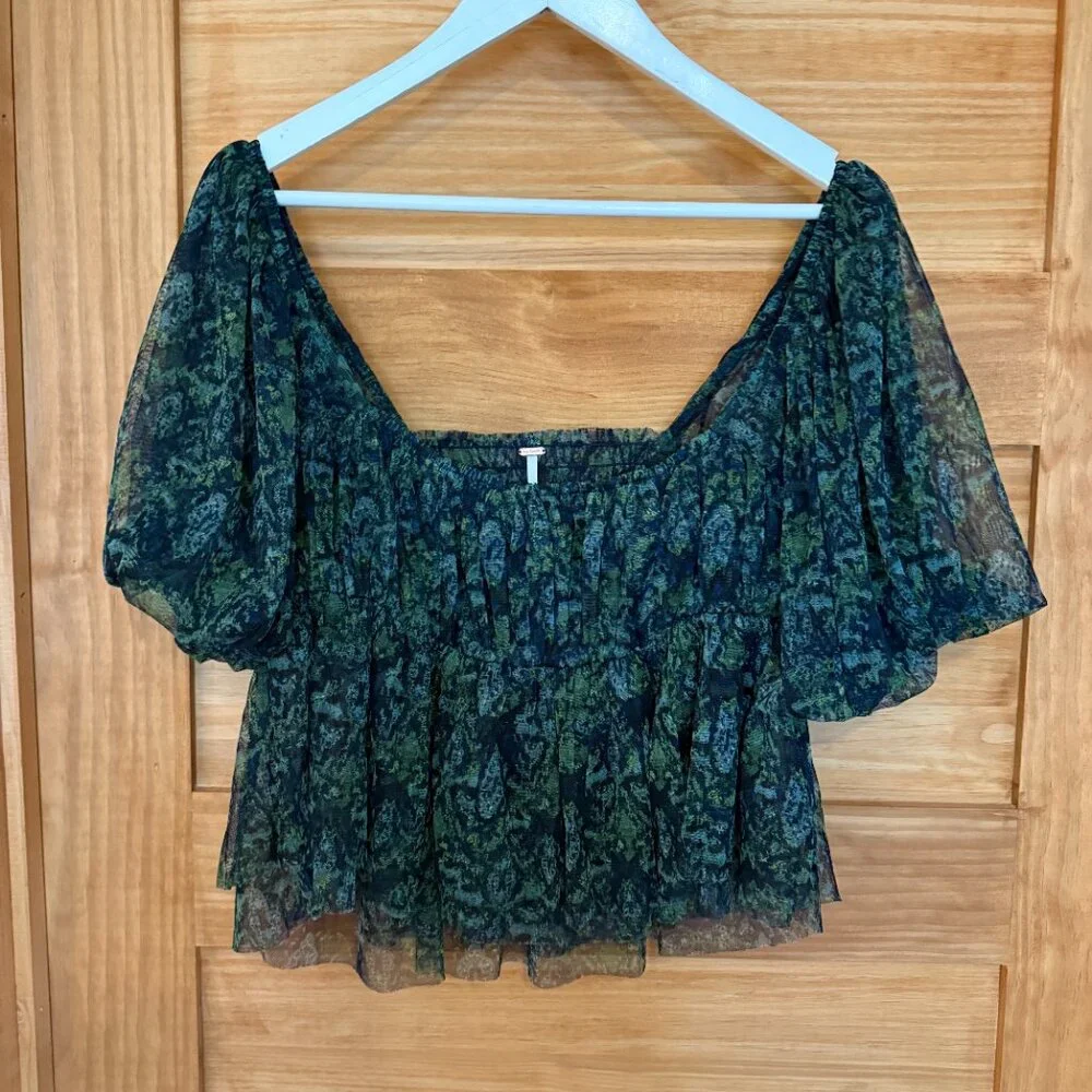 Free People Penelope Tulle Puff Sleeve Feminine Floral Print Top Women's size L
